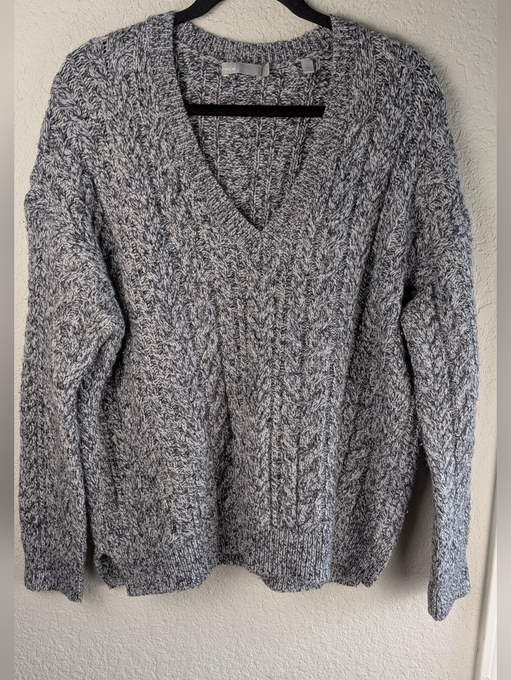 Vince Cable Knit Sweater S Wool Cashmere Blend Slouchy V Neck Gray Chunky Cozy